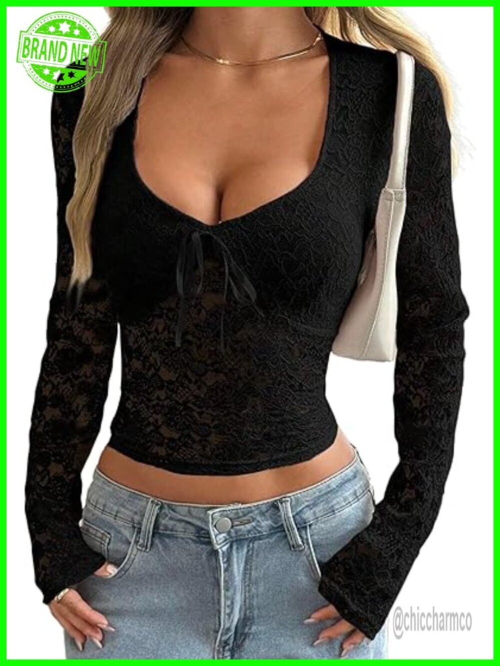 Sexy Long Sleeve Lace V Neck Crop Top with Bow, Slim Fit Going Out Blouse